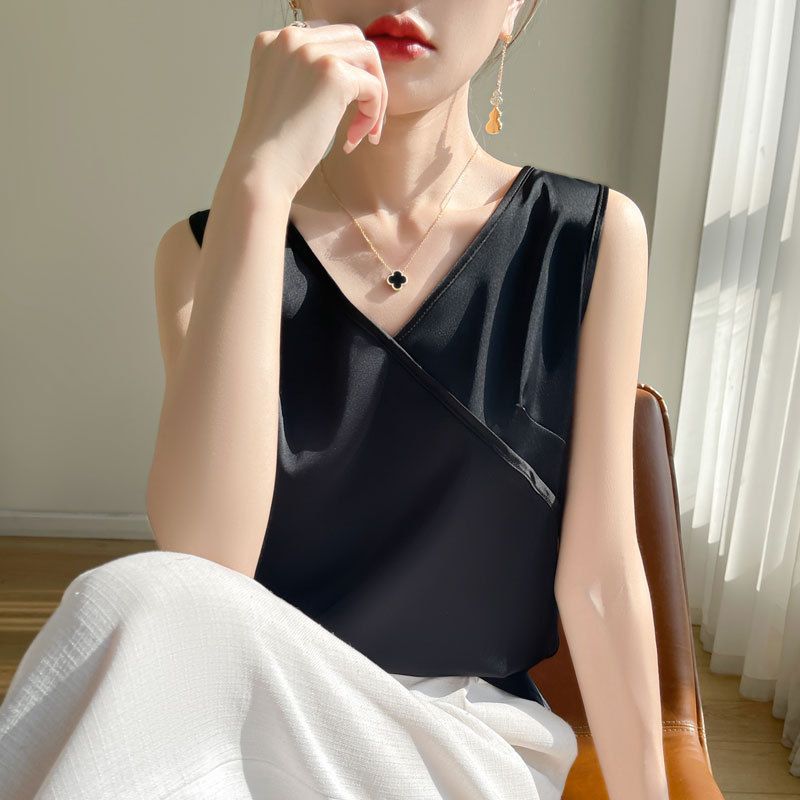 25 Nuove Canottiere Estive da Donna con Scollo a V e Interno in Raso di Seta, Senza Maniche, Larghe_voghion.com