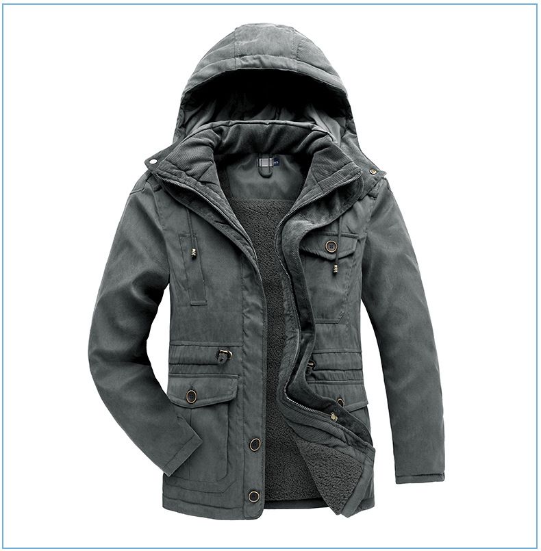 Men's Plus Size Shearling Hooded Cotton Jacket Thickened Multi-Pocket Cotton Top Casual Mid-Length Coat_voghion.com