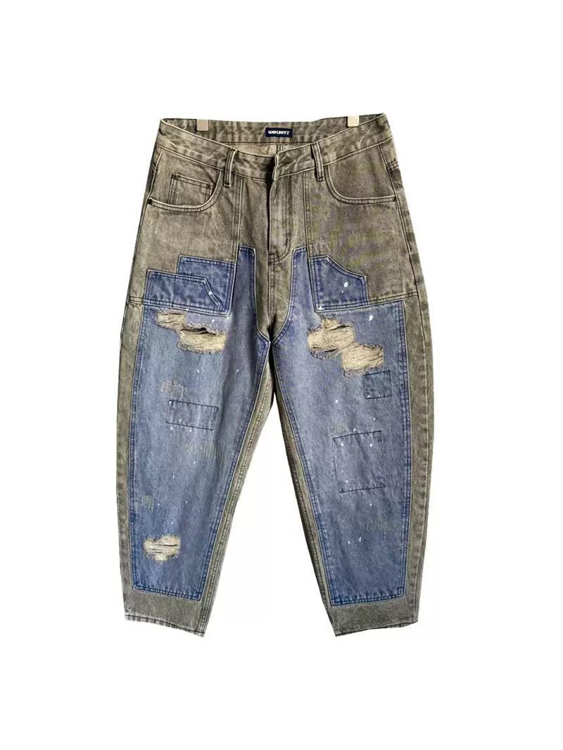 Erkek Giyim Rahat Yakışıklı Ağır Tasarım Retro Yırtık Kot Pantolon Erkek Düz Bol Dar Pantolon_voghion.com