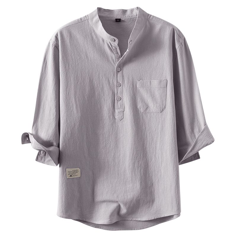 Herrenbekleidung, Baumwoll-Leinen-ähnliches Kurzarm-Freizeithemd, atmungsaktiv, leicht, schmale Passform, Stehkragen, Sommeroberteil (Weiß/Schwarz/Grau/Beige)_voghion.com