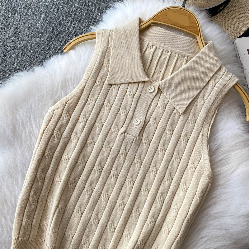 Women's Clothing Twisted POLO Collar Sleeveless Knitted Vest Slim Fit Two Button Casual Top_voghion.com