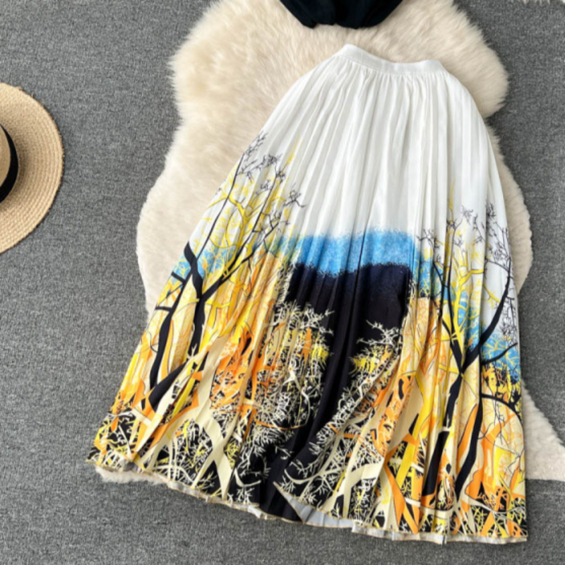 Women's Clothing Ins Style Temperament Summer Short Knitted Top + Medium Length Pleated Printed Skirt Two Piece Suit For Women_voghion.com