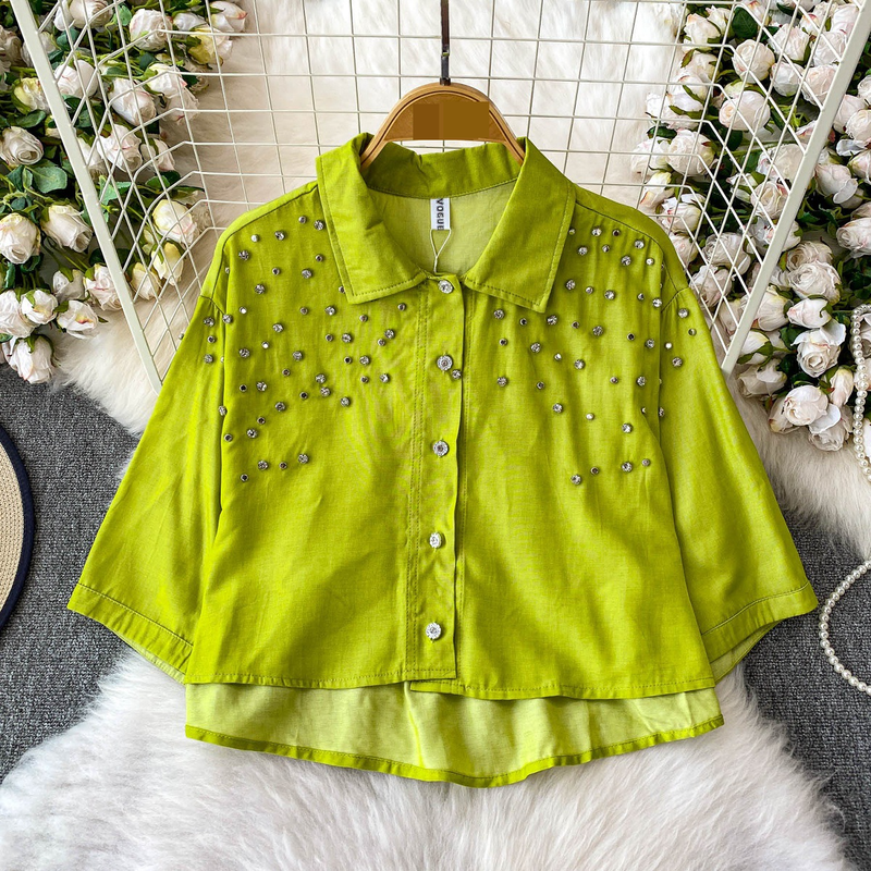 Luxe blouse met versieringen voor dames, statement revers, top met halflange mouwen, 8 levendige kleuren (zwart/groen/rood/meer) voor op kantoor en een avondje uit_voghion.com