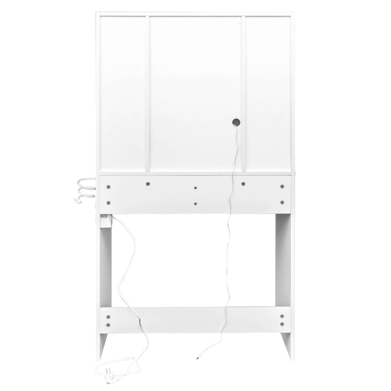 Modernes weißes Schminktisch-Set mit 3-farbigem LED-Spiegel und Steckdosen – Schminktisch mit 2 Schubladen, 4 Ablagen und Hocker, gehärtetem Glas, Haartrocknerhalter_voghion.com