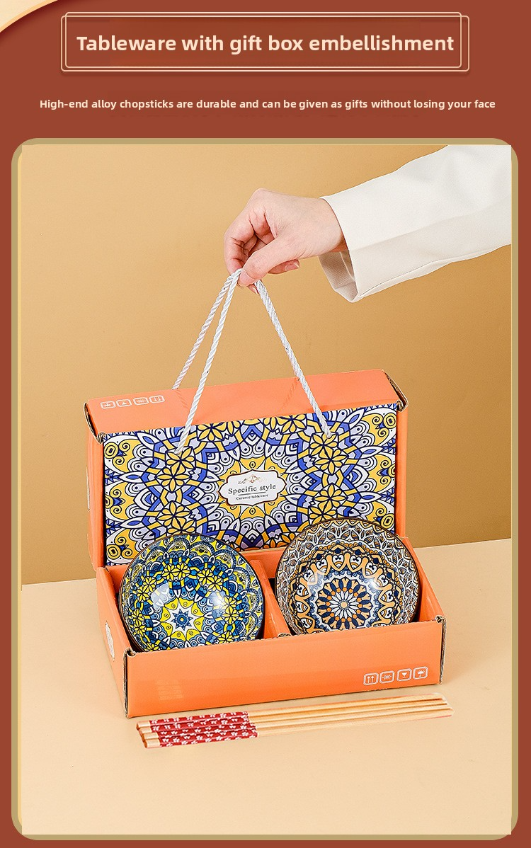 Geschenkset mit böhmischer Keramikschale und Bambus-Essstäbchen – handbemaltes Blumengeschirr, mikrowellengeeignet, Option für individuelles Logo (11,5 cm Durchmesser)_voghion.com