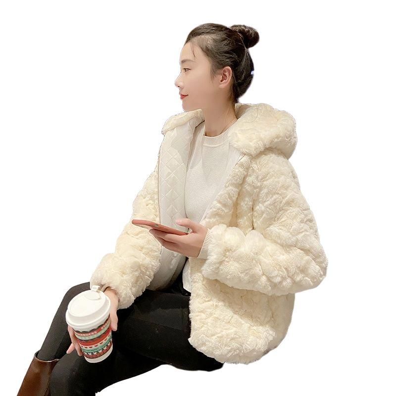 Nuovo cappotto corto con cappuccio in pelliccia di coniglio Rex spesso 2025 per donna, versatile, in lana di agnello, stile coreano, casual_voghion.com