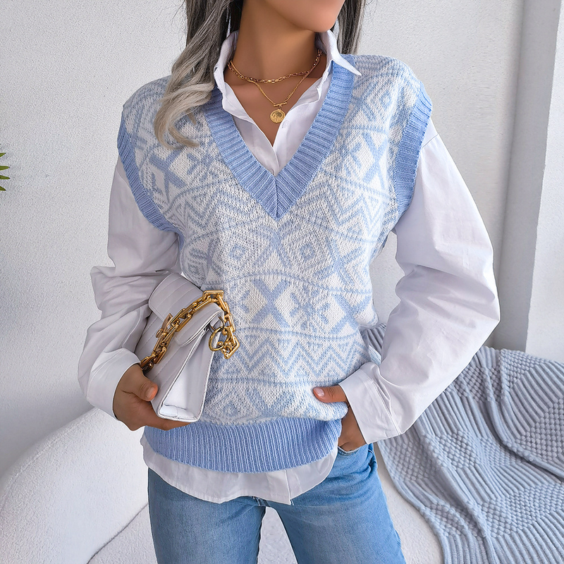2023 Autumn And Winter Christmas Snowflake Pattern V-Neck Knitted Vest Sweater Women's Clothing_voghion.com