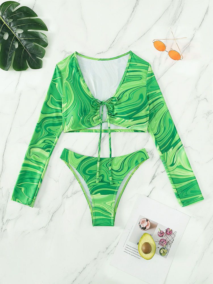 tie-dye sexy hottie two-piece suit high-waisted long-sleeved beach bikini split swimsuit for women_voghion.com