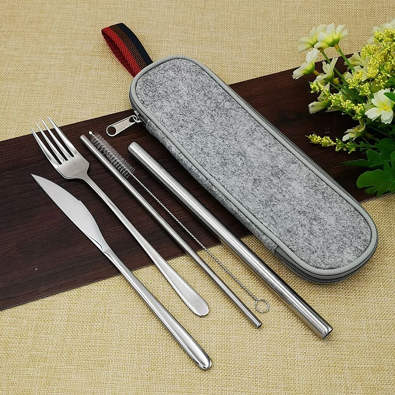 Stainless Steel Knife, Fork, Spoon, Chopsticks Set Outdoor Picnic Portable Tableware Spoon, Chopstick Straw Storage Bag_voghion.com