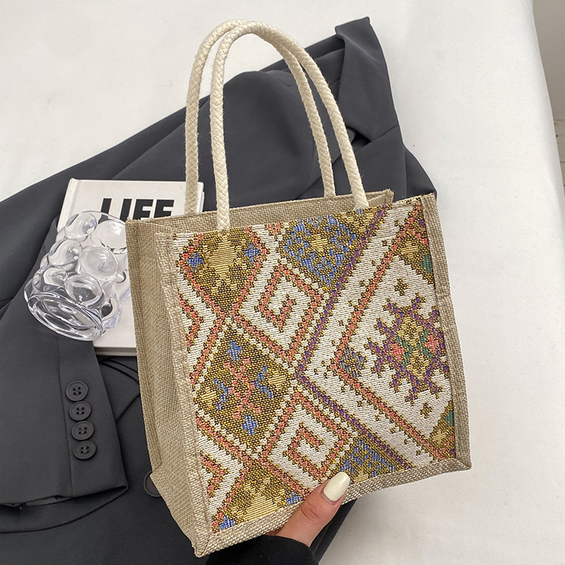 Borsa da viaggio in tela in stile etnico per donna, estiva, nuova moda, da portare a mano all'aperto, in lino, per il pranzo, per la mamma_voghion.com