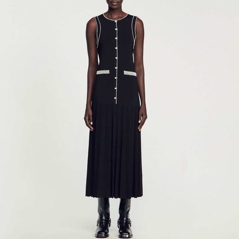 Vêtements pour femmes été denim épissage contraste couleur robe tricotée taille mince jupe longue pour femmes_voghion.com