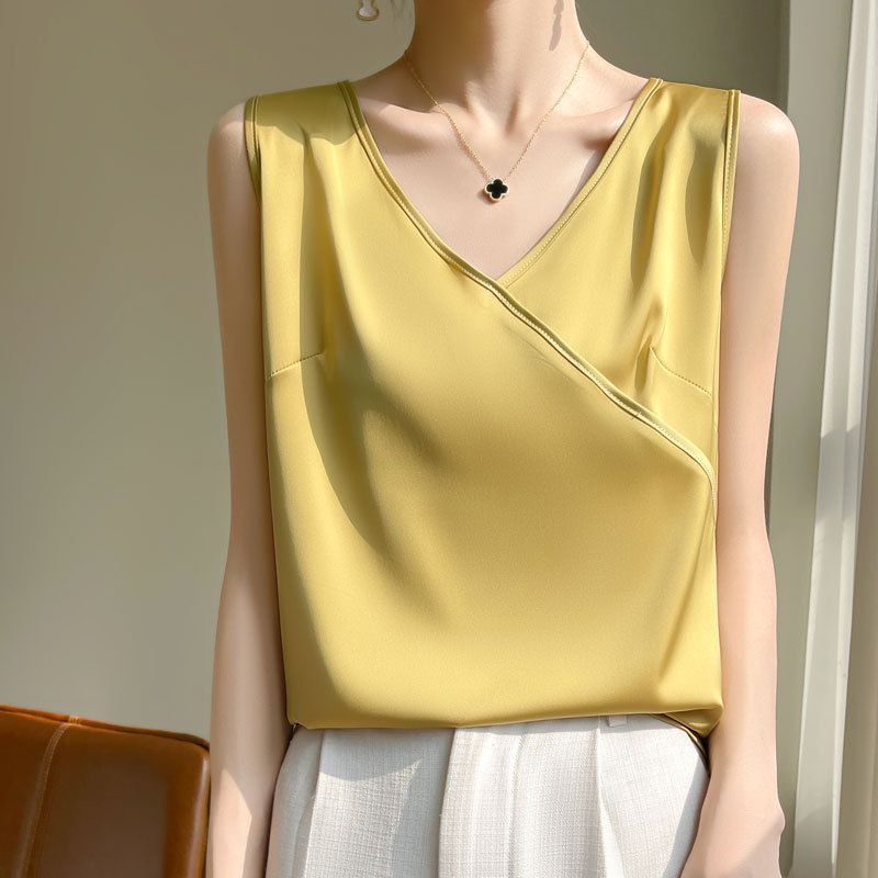 25 Nuove Canottiere Estive da Donna con Scollo a V e Interno in Raso di Seta, Senza Maniche, Larghe_voghion.com