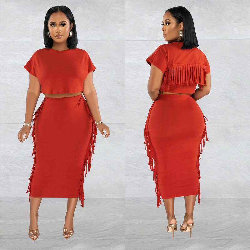 X6331 Ensemble deux pièces pour femme, robe longue à manches courtes et col rond, couleur unie, avec pompons_voghion.com