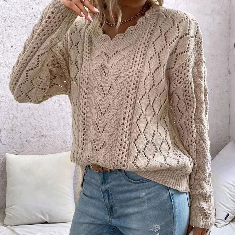 Abbigliamento da donna maglione da donna maglione stile pigro design top versatile con scollo a V cavo_voghion.com