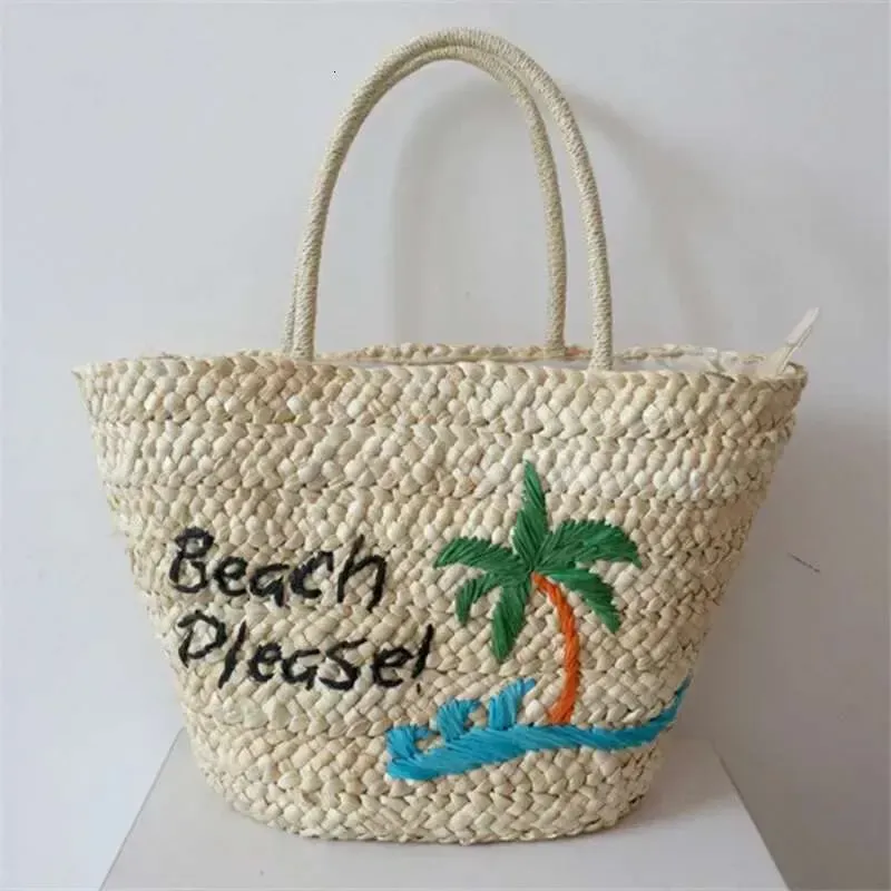Borsa da spiaggia estiva Bohemia, grande capacità, realizzata a mano, intrecciata con buccia di mais e ricamata a forma di albero di cocco, da donna_voghion.com