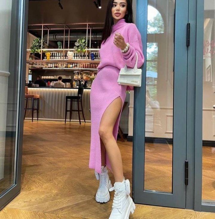 Women's hot-selling autumn and winter new styles, high-necked loose pullover tops, slit sexy long skirts, two-piece set_voghion.com