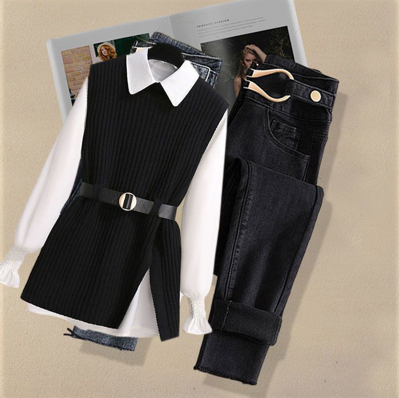 Women's Clothing Small Autumn Denim Suit For Women In Early Spring Temperament Flesh Covering And Age Reducing Shirt Vest And Pants_voghion.com