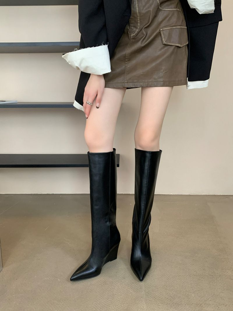 Botas altas hasta la rodilla, botas puntiagudas para mujer, botas de caballero con tacón de cuña para otoño e invierno._voghion.com