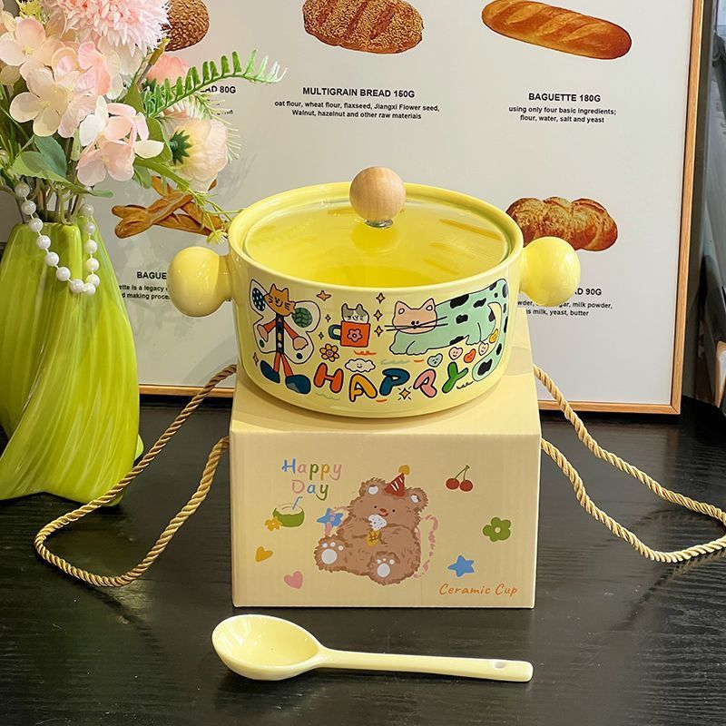Ins Style High Beauty Round Handle Ceramic Instant Noodle Bowl With Cover For Student Dormitory Soup Bowl Luosifen Bowl_voghion.com