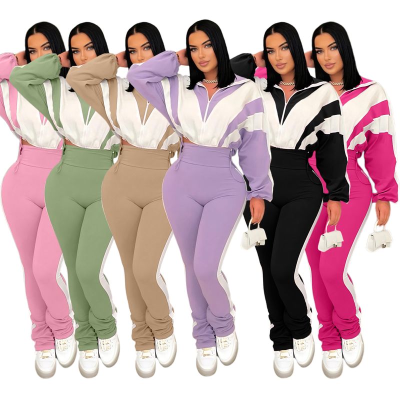 Women's Color Block Tracksuit Set - High Waist Lounge Pants + Zip Hoodie | Streetwear Outfit | Stretchy Polyester Blend | S-XXL_voghion.com