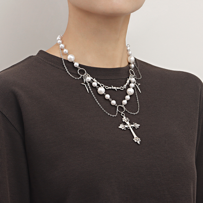Jewelry Niche Design Double Layer High Gloss Pearl Tassel Star Cross Necklace For Women Versatile_voghion.com