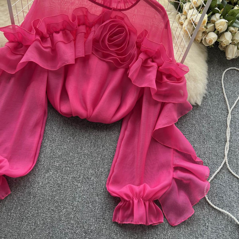 Women's Clothing Designed irregular ruffled mesh shirt for women in spring and autumn pullover pleated niche slim and chic top trendy_voghion.com