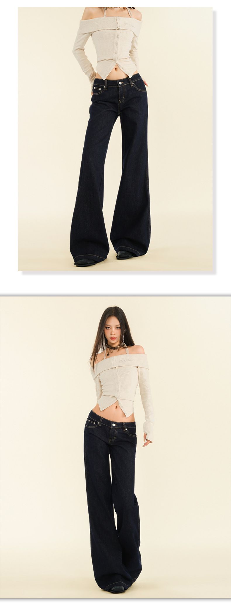 Vintage donkerblauwe low-rise flared jeans voor dames - rekbare katoenen bootcut-broek met distressed wash, hoge taille, slanke pasvorm en comfortabele broek_voghion.com