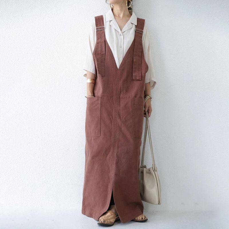 In Stock Japanese 2024 Spring Autumn Lazy Style High Waist Super Loose Wide Leg Jumpsuit Strap Dress_voghion.com