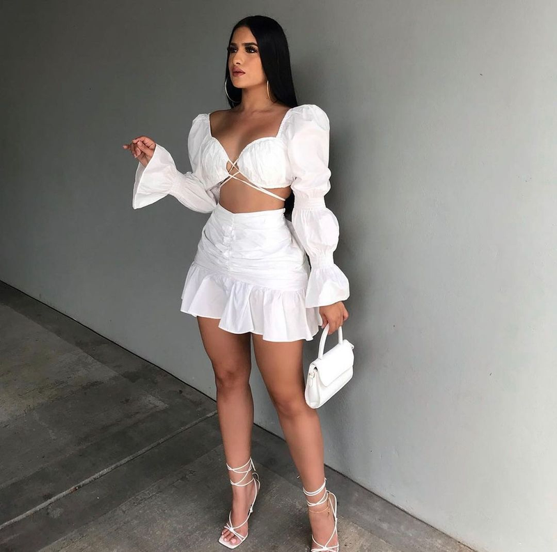Ensemble 2 pièces sexy pour femme, tenue de festival, haut court à manches bouffantes et mini-jupe à volants, tenue de club, tenue de soirée assortie_voghion.com