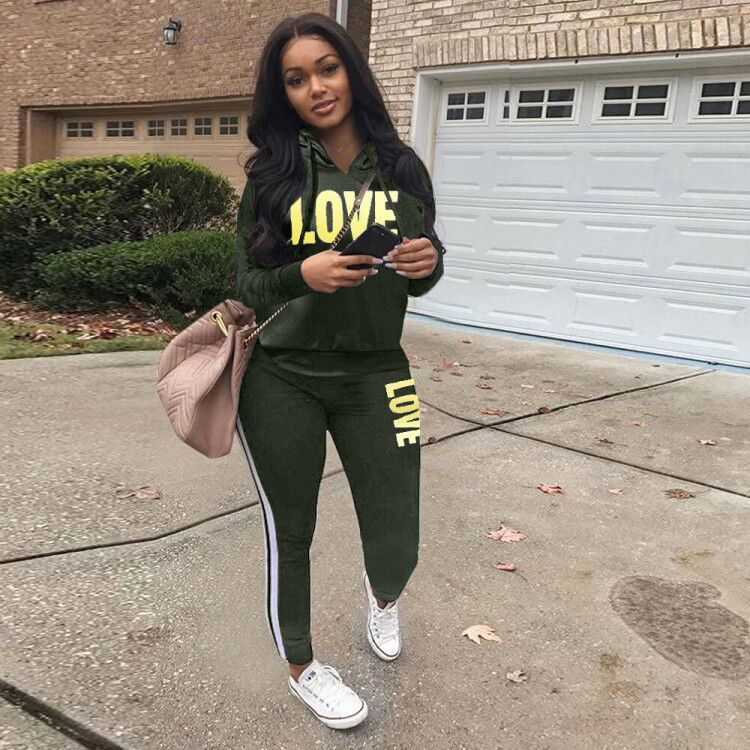 2-delige set damesoutfit LOVE Letter Print High Neck Hoodies Sweatshirt Broek Trainingspak Plus Size Streetwear Casual Pak_voghion.com