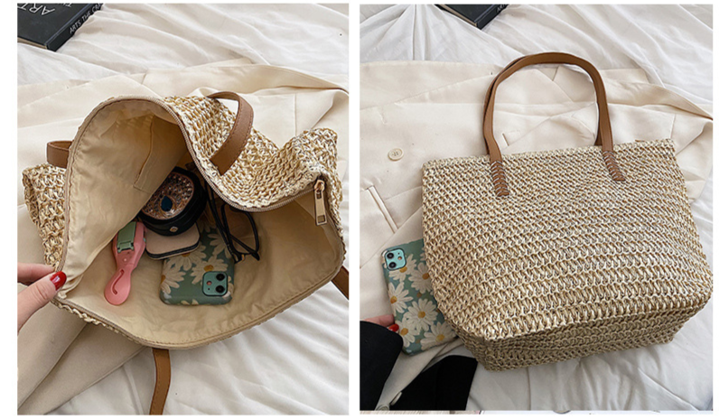 Bolso de paja de gran capacidad para mujer, nuevo estilo, bolso de hombro para ir al trabajo, bolso de mano tejido para playa y mar._voghion.com