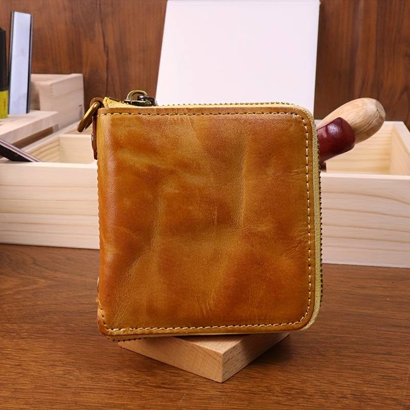 Handmade Genuine Leather Wallet Retro Short Vintage Vegetable-tanned Water-washed Cowhide Personalized Zipper Wallet_voghion.com