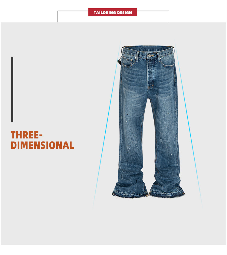 MIJKO Unisex Washed Splatter Distressed Bootcut Jeans With Cat Whisker Hem - Vintage Blue Denim Pants For Men & Women_voghion.com