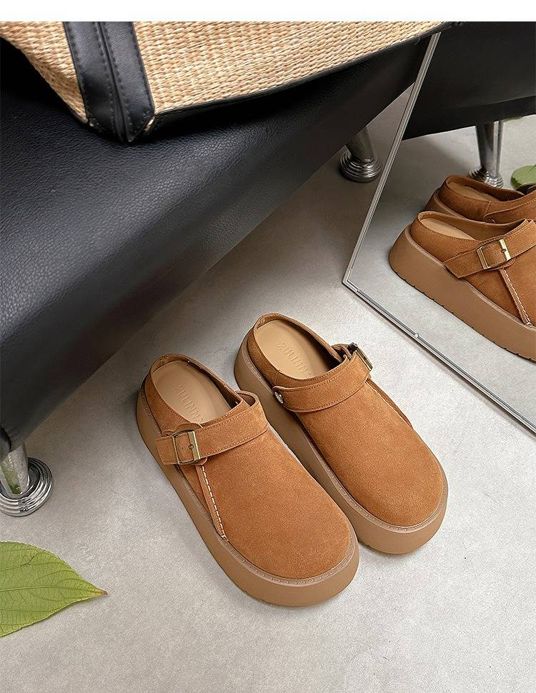 Women's Shoes Chunky Buckle Sandals With Round Toe - Soft Suede Leather Upper & Breathable Cork Footbed - Slip-On Mule Design For Everyday Comfort_voghion.com