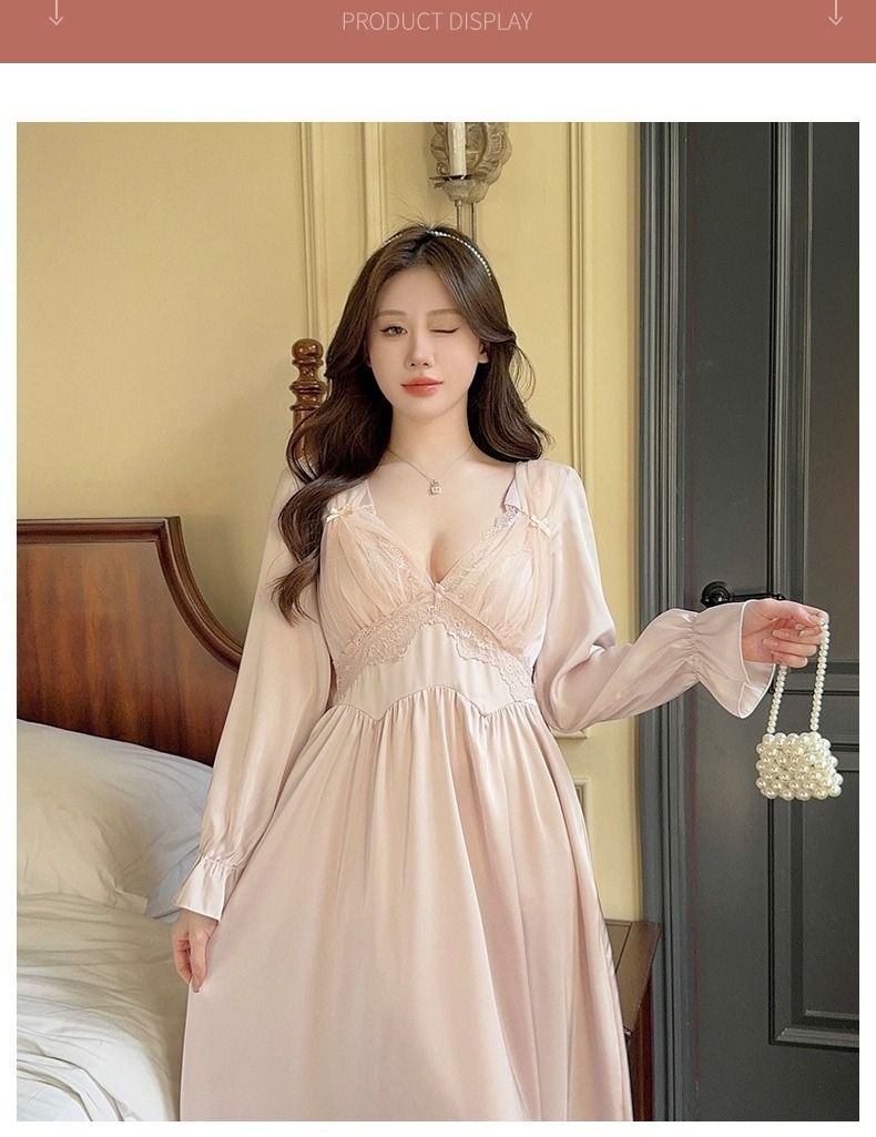 Autunno con imbottitura sul petto, ultra lunga rete rossa, camicia da notte primaverile e autunnale, pigiama da donna a maniche lunghe in seta ghiacciata, manica lunga in pizzo, scollo a V profondo_voghion.com