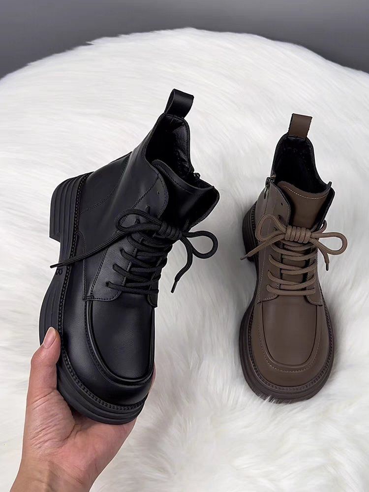 Soft Leather And Down-lined Marten Boots, Women's Cotton Boots, 2025 Autumn-winter New Style, Thick Sole, Warm And Cozy Short Boots_voghion.com