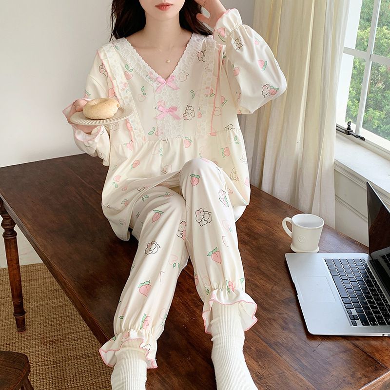 Pijamas femininos, outono e inverno novo estilo, algodão doce menina borboleta arco pullover, decote em V manga comprida, pode_voghion.com