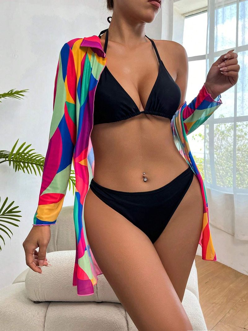 Women's irregular printing and dyeing multi-color long-sleeved long summer swimming mesh clothes_voghion.com