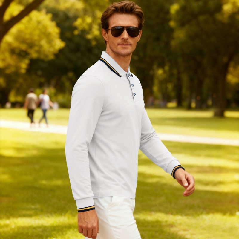 Men's Breathable Jacquard Polo Shirt - Loose Fit Long Sleeve Casual Top For Golf & Everyday Wear_voghion.com