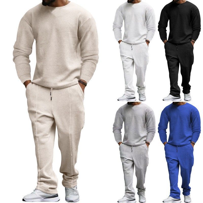 Conjunto de lounge em malha waffle para homens – camiseta e calça de manga comprida para homens (cáqui/preto/azul-marinho, P-XXXG)_voghion.com