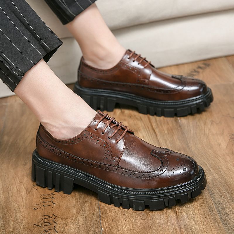 Unbeatable Quality Blok Carved Leather For Men's Business Formal Wear, Youth Brown Casual British Thick Sole Height Increasing Wedding_voghion.com