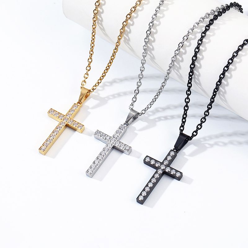 Collana con croce in acciaio al titanio e gioielli da uomo e da donna, intarsiata con diamanti, stile semplice e neutro, alla moda, accessori personalizzati_voghion.com