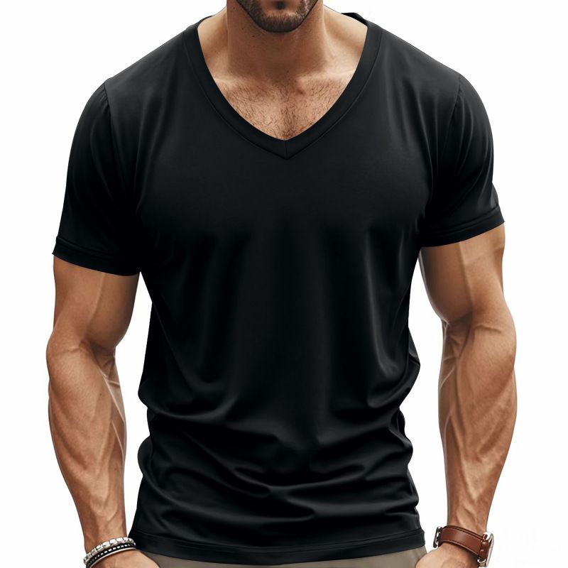 Summer Solid Color V-Neck Tight Fitting Base Shirt Men's White Slim Fit Short Sleeved T-Shirt Round Neck Fashionable_voghion.com