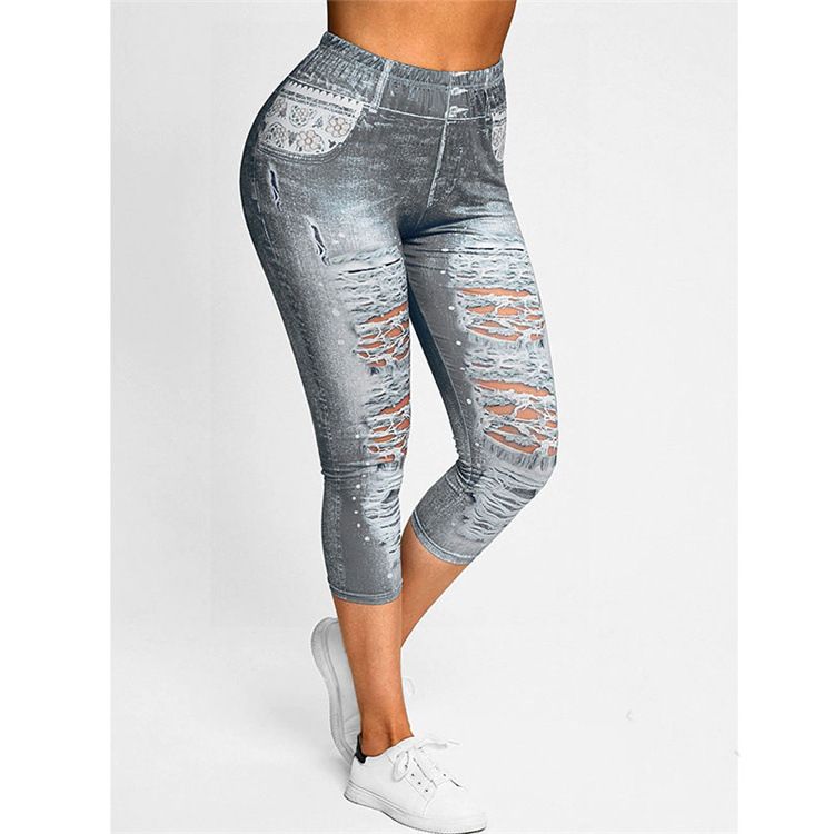 New Imitation Denim High Waist High Elastic Fitness Training Running Yoga Pants_voghion.com