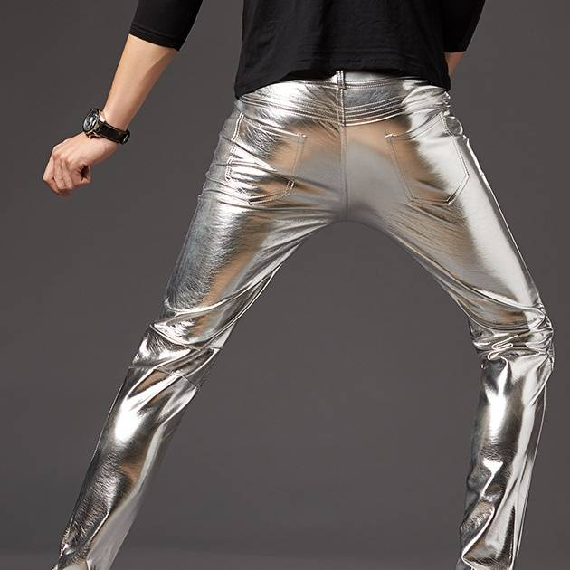 Pánské oblečení Kožené kalhoty Slim Fit Skinny Kalhoty Stage Performance Pánské motocyklové Pánské lesklé stříbrné kožené kalhoty_voghion.com