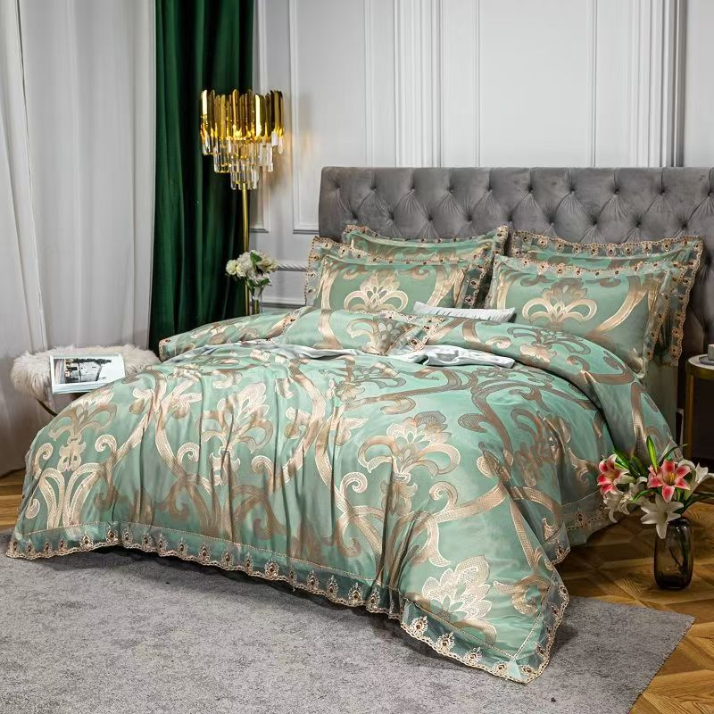 Biancheria da letto di alta qualità, leggera, di lusso, europea, jacquard, set da quattro pezzi, copripiumino in pizzo, quattro stagioni, universale, seta liscia_voghion.com