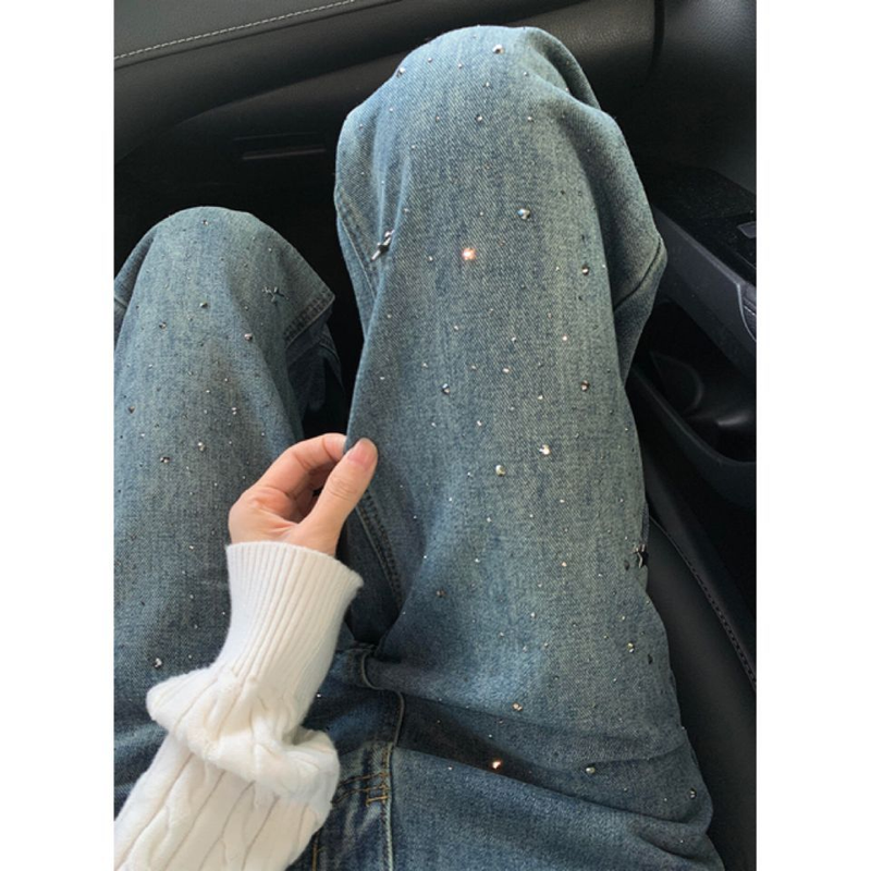 Jean élégant et résistant, clouté d'étoiles, style printemps, taille haute, ample et slim, coupe droite, longueur au sol_voghion.com