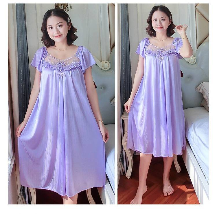 Women Ice Silk Sleepwear Set Nightdress Homewear Nightwear Pyjamas Female Lace Sleepwear V-neck Nightgown Plus Size_voghion.com