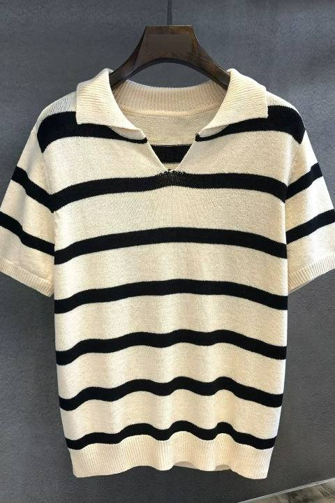 Polo da uomo estiva in maglia a righe con scollo a V e colori a contrasto, a maniche corte, alla moda, di alta qualità, con risvolto ampio_voghion.com