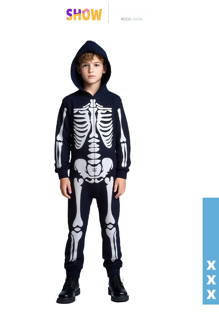 Halloween Kinderkostüm Totenkopf Skelett Weiß Leuchtendes Geisterkostüm Spiel Einteiliges Mit Kapuze Cos Kleidung Dekoration_voghion.com